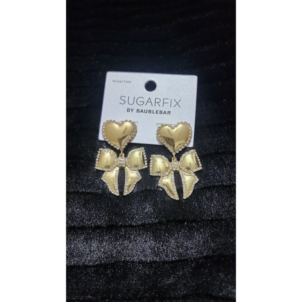 NEW Baublebar Gold Rhinestone Heart Bow Earrings